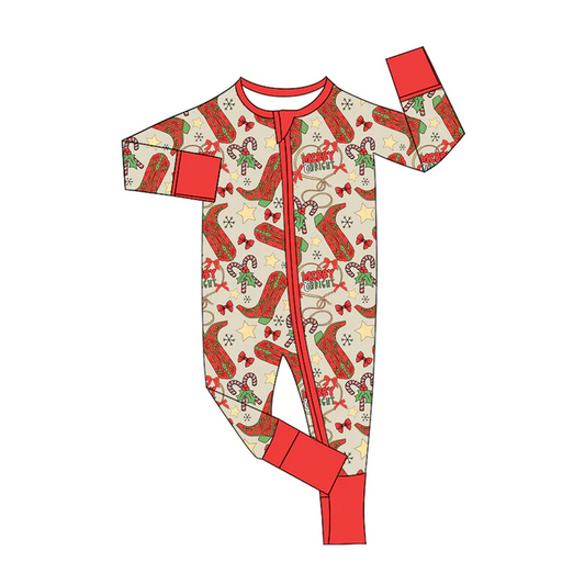 5.21 Preorder (moq 5)Baby Kids Long Sleeves Red Boots Candy Cane Zipper Rompers