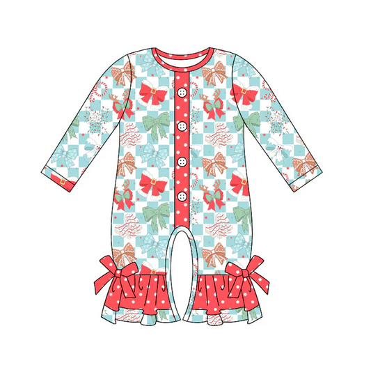 5.21 Preorder (moq 5)Baby Girls Long Sleeves Blue Plaid Colorful Bows Button Ruffle Rompers