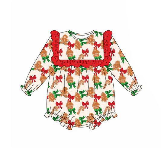 5.21 Preorder (moq 5)Baby Girls Long Sleeves Red Bows Gingerbread Ruffle Rompers