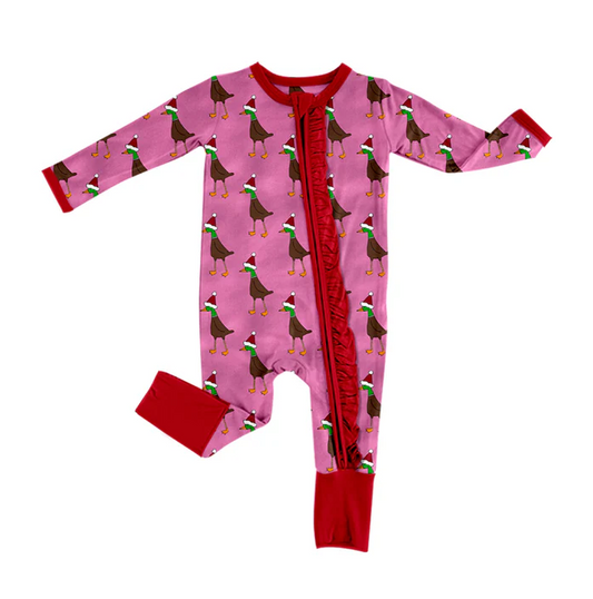 5.21 Preorder (moq 5)Baby Girls Hot Pink Long Sleeves Hats Ducks Zipper Rompers