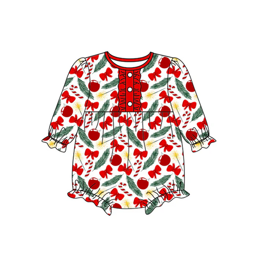 5.21 Preorder (moq 5)Baby Girls Long Sleeves Red Bows Cherry Button Ruffle Rompers
