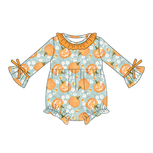5.21 Preorder (moq 5)Baby Girls Blue Long Sleeves Flowers Pumpkins Ruffle Rompers