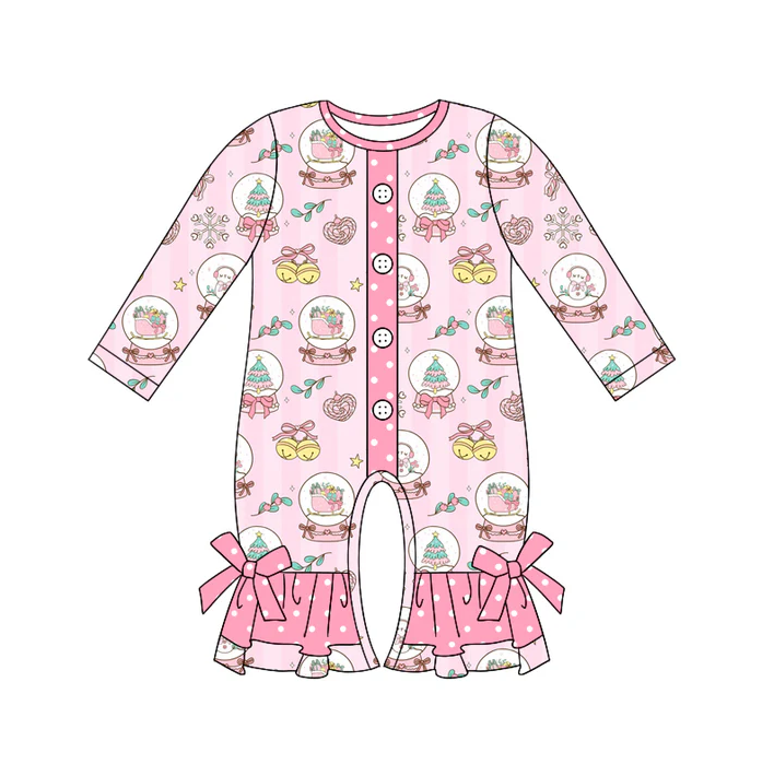5.21 Preorder (moq 5)Baby Girls Pink Long Sleeves Trees Snowmen Button Ruffle Rompers