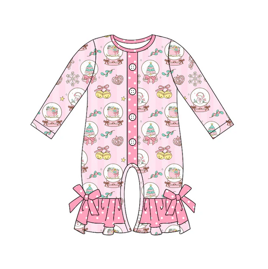 5.21 Preorder (moq 5)Baby Girls Pink Long Sleeves Trees Snowmen Button Ruffle Rompers