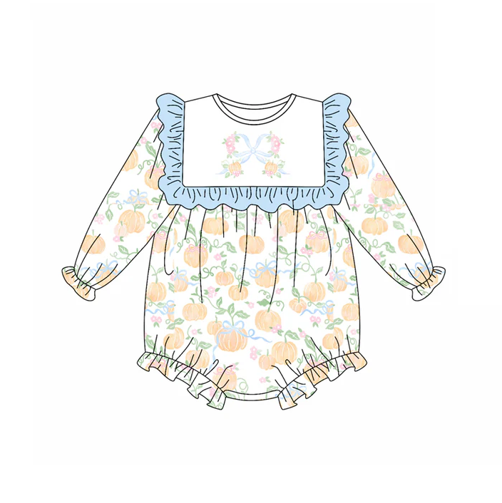 5.21 Preorder (moq 5)Baby Girls Long Sleeves Bows Pumpkins Ruffle Rompers