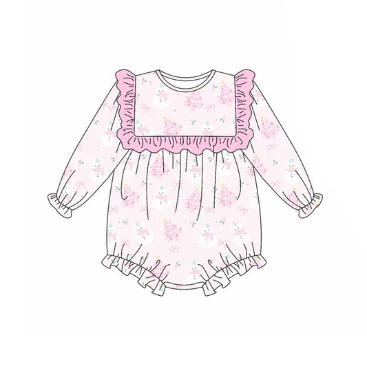 5.21 Preorder (moq 5)Baby Girls Long Sleeves Pink Snowmen Trees Ruffle Rompers