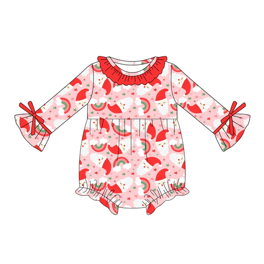 5.21 Preorder (moq 5)Baby Girls Long Sleeves Red Rainbows Santa Ruffle Rompers