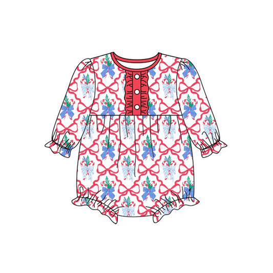 5.21 Preorder (moq 5)Baby Girls Long Sleeves Red Bows Candy Cane Plaid Button Ruffle Rompers
