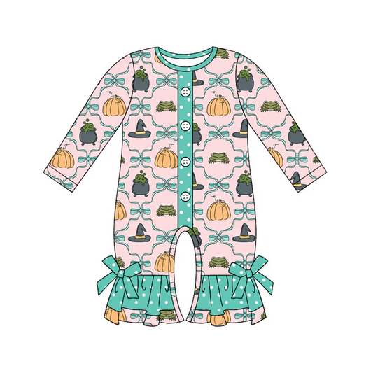 5.21 Preorder (moq 5)Baby Girls Pink Long Sleeves Bows Magic Hats Button Ruffle Rompers
