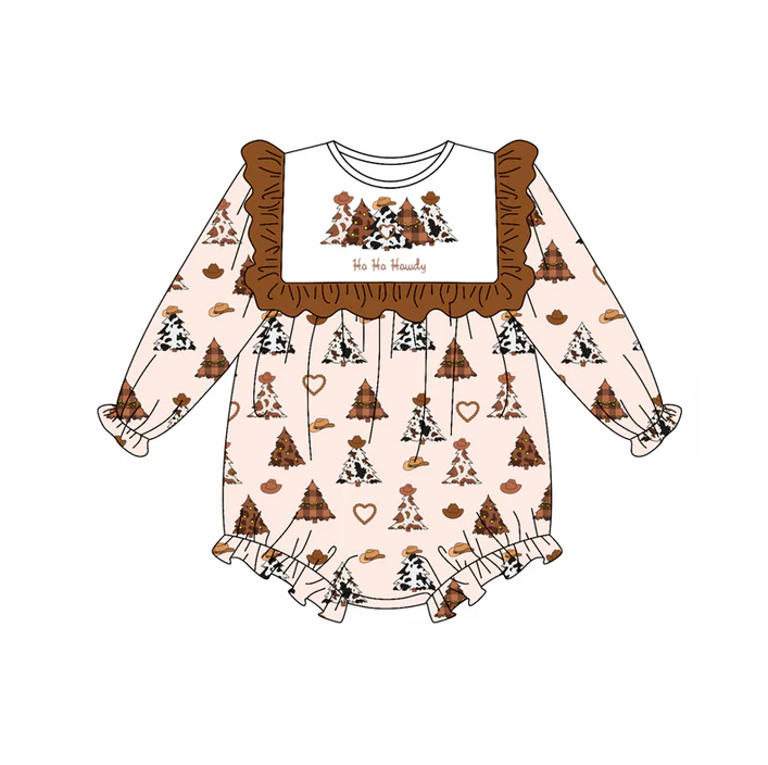 5.21 Preorder (moq 5)Baby Girls Long Sleeves Brown Hats Trees Ruffle Rompers