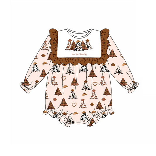 5.21 Preorder (moq 5)Baby Girls Long Sleeves Brown Hats Trees Ruffle Rompers