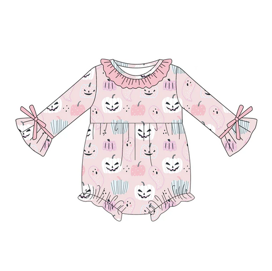 5.21 Preorder (moq 5)Baby Girls Pink Long Sleeves Ghosts Pumpkins Ruffle Rompers