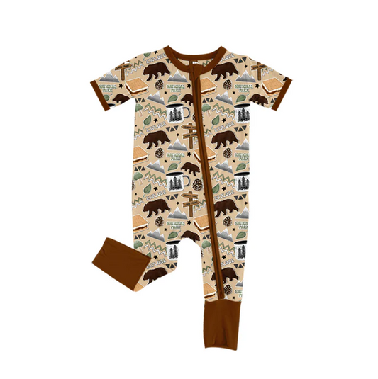 5.21 Preorder (moq 5)Baby Boys Khaki Short Sleeves Bears Western Zipper Rompers