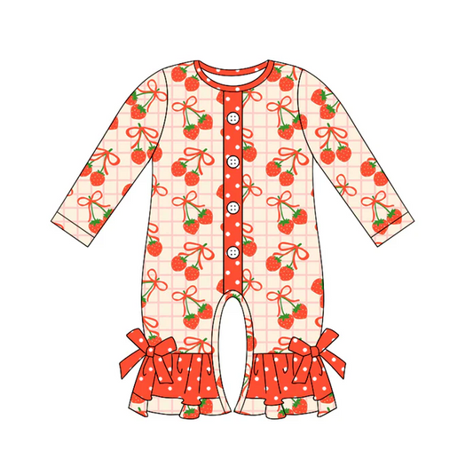 5.21 Preorder (moq 5)Baby Girls Orange Long Sleeves Bows Strawberry Button Ruffle Rompers
