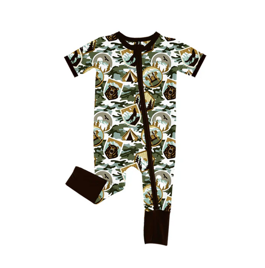 5.21 Preorder (moq 5)Baby Boys Short Sleeves Western Camo Wolf Zipper Rompers