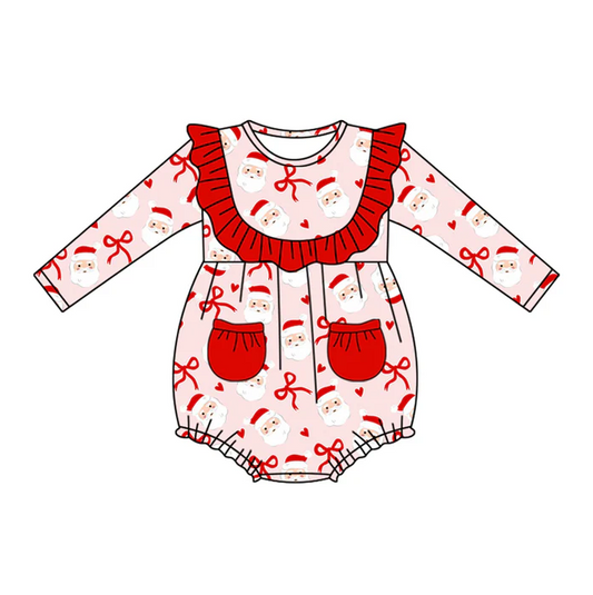 5.21 Preorder (moq 5)Baby Girls Pink Long Sleeves Bows Santa Pockets Ruffle Rompers