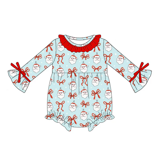5.21 Preorder (moq 5)Baby Girls Blue Long Sleeves Bows Santa Ruffle Rompers