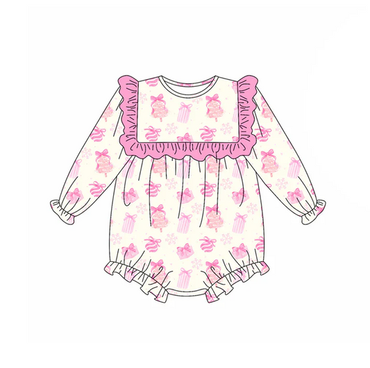 5.21 Preorder (moq 5)Baby Girls Long Sleeves Pink Bows Gifts Ruffle Rompers