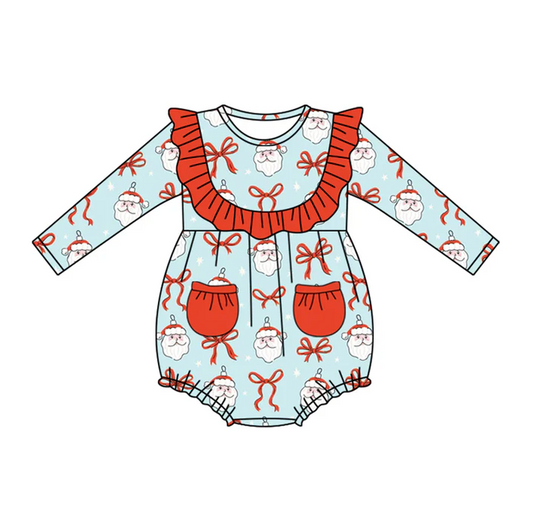 5.21 Preorder (moq 5)Baby Girls Blue Long Sleeves Bows Santa Pockets Ruffle Rompers