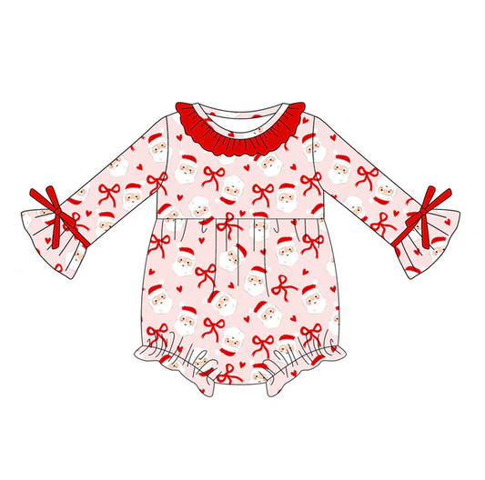 5.21 Preorder (moq 5)Baby Girls Pink Long Sleeves Bows Santa Ruffle Rompers