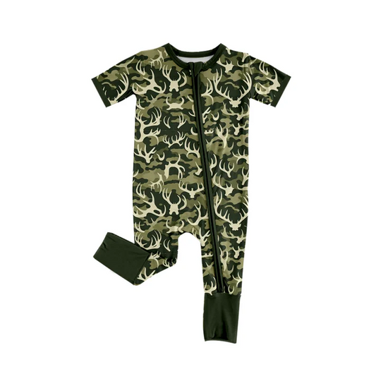 5.21 Preorder (moq 5)Baby Boys Short Sleeves Olive Deer Camo Zipper Rompers