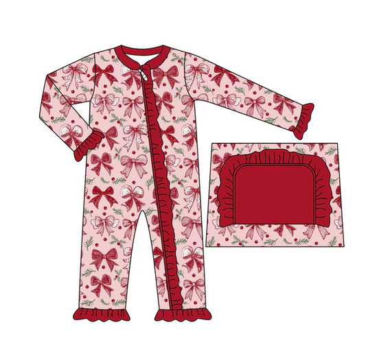 5.21 Preorder (moq 5)Baby Girls Long Ruffle Sleeves Dark Red Flowers Bows Zipper Rompers