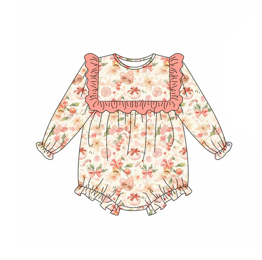 5.22 Preorder (moq 5)Baby Girls Long Sleeves Pink Pumpkins Floral Ruffle Rompers