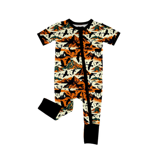 5.22 Preorder (moq 5)Baby Boys Short Sleeves Ducks Deer Hunting Zipper Rompers