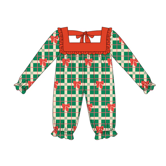 5.22 Preorder (moq 5)Baby Girls Long Ruffle Sleeves Green Plaid Red Bows Rompers