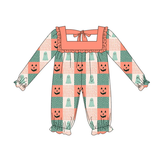 5.22 Preorder (moq 5)Baby Girls Long Ruffle Sleeves Orange Green Ghosts Pumpkins Plaid Rompers