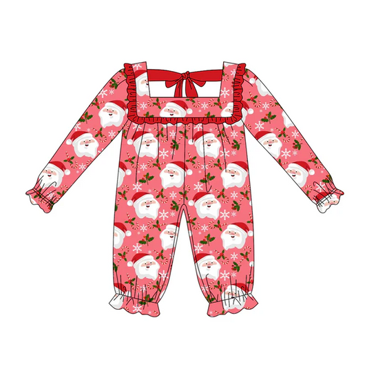 5.22 Preorder (moq 5)Baby Girls Red Long Ruffle Sleeves Santa Snowflake Rompers