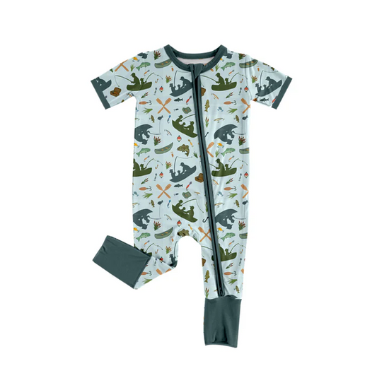 5.22 Preorder (moq 5)Baby Boys Dark Green Short Sleeves Boats Fishing Zipper Rompers