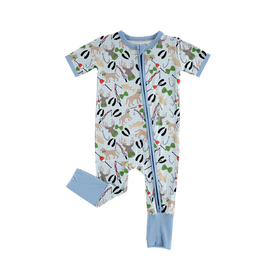 5.22 Preorder (moq 5)Baby Boys Blue Short Sleeves Dogs Fishing Plaid Zipper Rompers