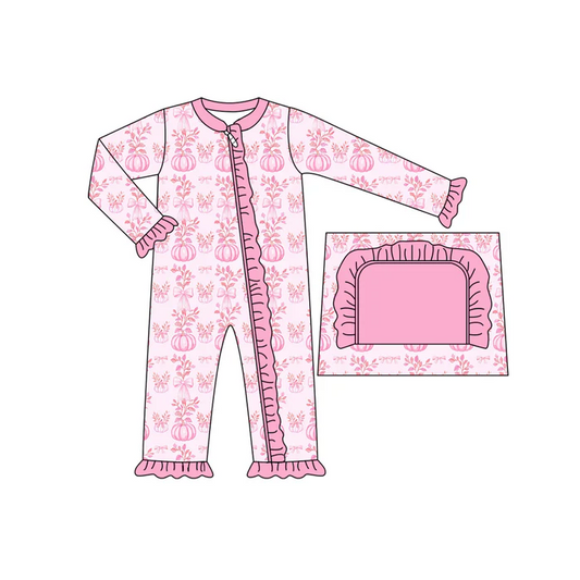 5.22 Preorder (moq 5)Baby Girls Long Ruffle Sleeves Pink Floral Pumpkins Zipper Rompers