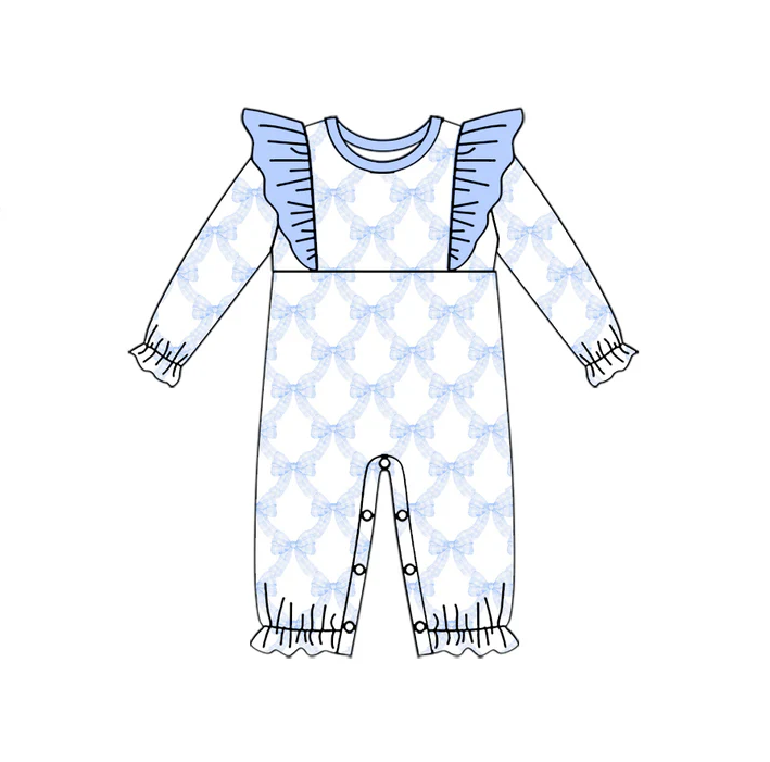5.22 Preorder (moq 5)Baby Girls Long Ruffle Sleeves Blue Bows Plaid Rompers