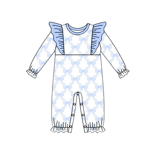 5.22 Preorder (moq 5)Baby Girls Long Ruffle Sleeves Blue Bows Plaid Rompers