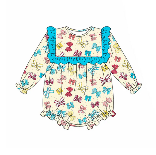 5.22 Preorder (moq 5)Baby Girls Long Sleeves Colorful Bows Ruffle Rompers