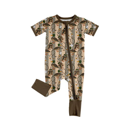 5.22 Preorder (moq 5)Baby Boys Brown Stripe Short Sleeves Ducks Calls Zipper Rompers