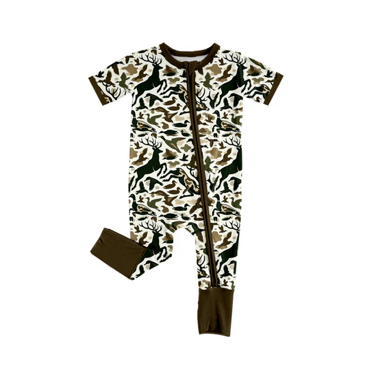5.22 Preorder (moq 5)Baby Boys Short Sleeves Deer Ducks Camo Zipper Rompers
