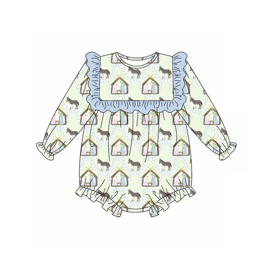5.22 Preorder (moq 5)Baby Girls Long Sleeves Donkey Jesus Ruffle Rompers