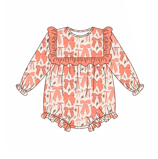 5.22 Preorder (moq 5)Baby Girls Long Sleeves Peach Leaves Bows Ruffle Rompers