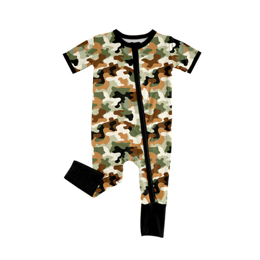 5.22 Preorder (moq 5)Baby Boys Short Sleeves Brown Yellow Camo Zipper Rompers