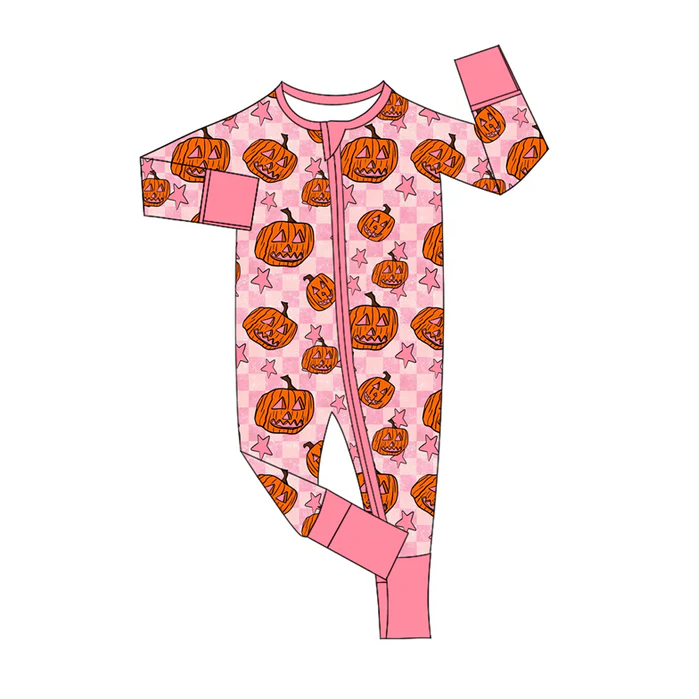 5.22 Preorder (moq 5)Baby Girls Pink Long Sleeves Plaid Stars Pumpkins Zipper Rompers