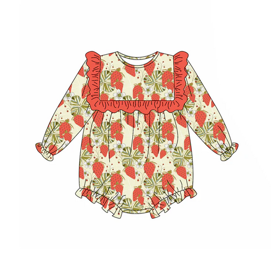 5.22 Preorder (moq 5)Baby Girls Long Ruffle Sleeves Leaves Strawberry Rompers