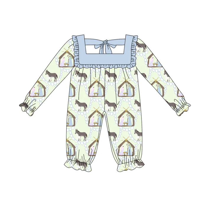 5.22 Preorder (moq 5)Baby Girls Long Ruffle Sleeves Donkey Jesus Rompers