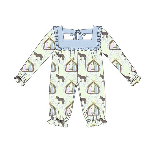 5.22 Preorder (moq 5)Baby Girls Long Ruffle Sleeves Donkey Jesus Rompers