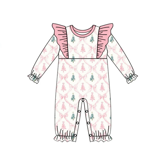 5.22 Preorder (moq 5)Baby Girls Long Sleeves Pink Bows Tress Plaid Ruffle Rompers