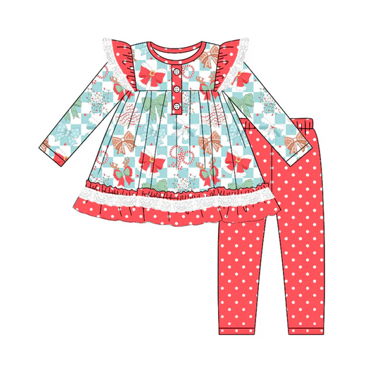 5.22 Preorder (moq 5)Baby Girls Blue Plaid Colorful Bows Button Tunic Polka Dots Legging Pant Set