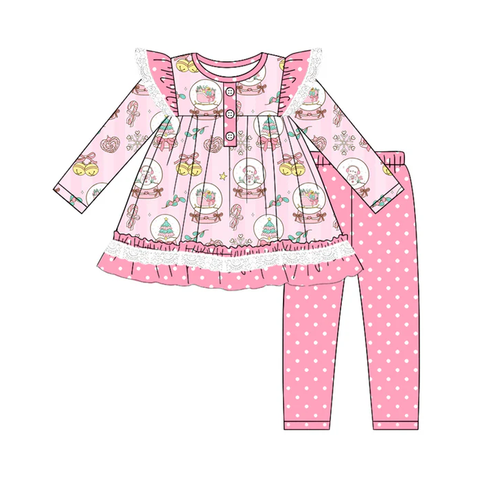 5.22 Preorder (moq 5)Baby Girls Pink Snowmen Trees Button Tunic Polka Dots Legging Pant Set