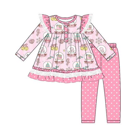 5.22 Preorder (moq 5)Baby Girls Pink Snowmen Trees Button Tunic Polka Dots Legging Pant Set
